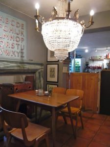 Ercol blue label table with chandelier 