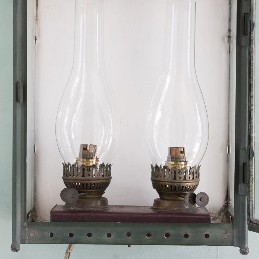 Stable lantern with two simulated oil lamp fittings-117532