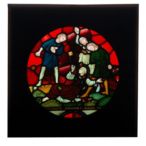 A stained and painted glass window depicting the stoning of St. Stephan-0