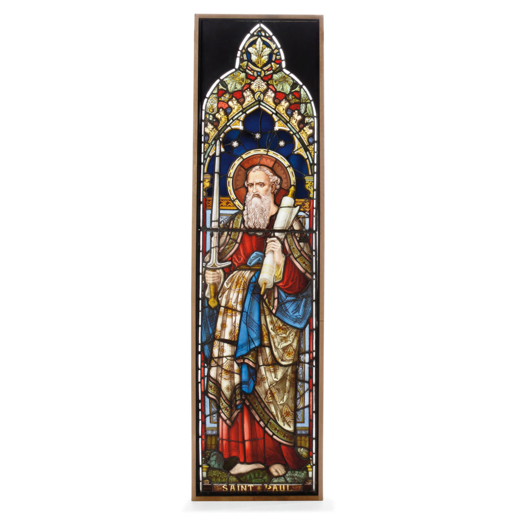 A stained and painted glass window panel depicting St. Paul-0