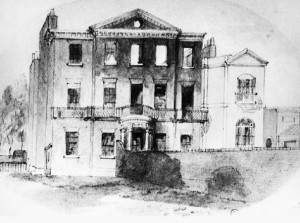 Early 19th Century watercolour of Brunswick House, post cataclysmic fire, showing railings in situ.