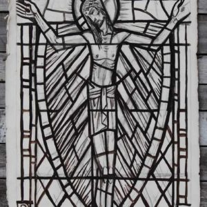 Jesus on the cross by William Wilson, a cartoon for a stained glass window,