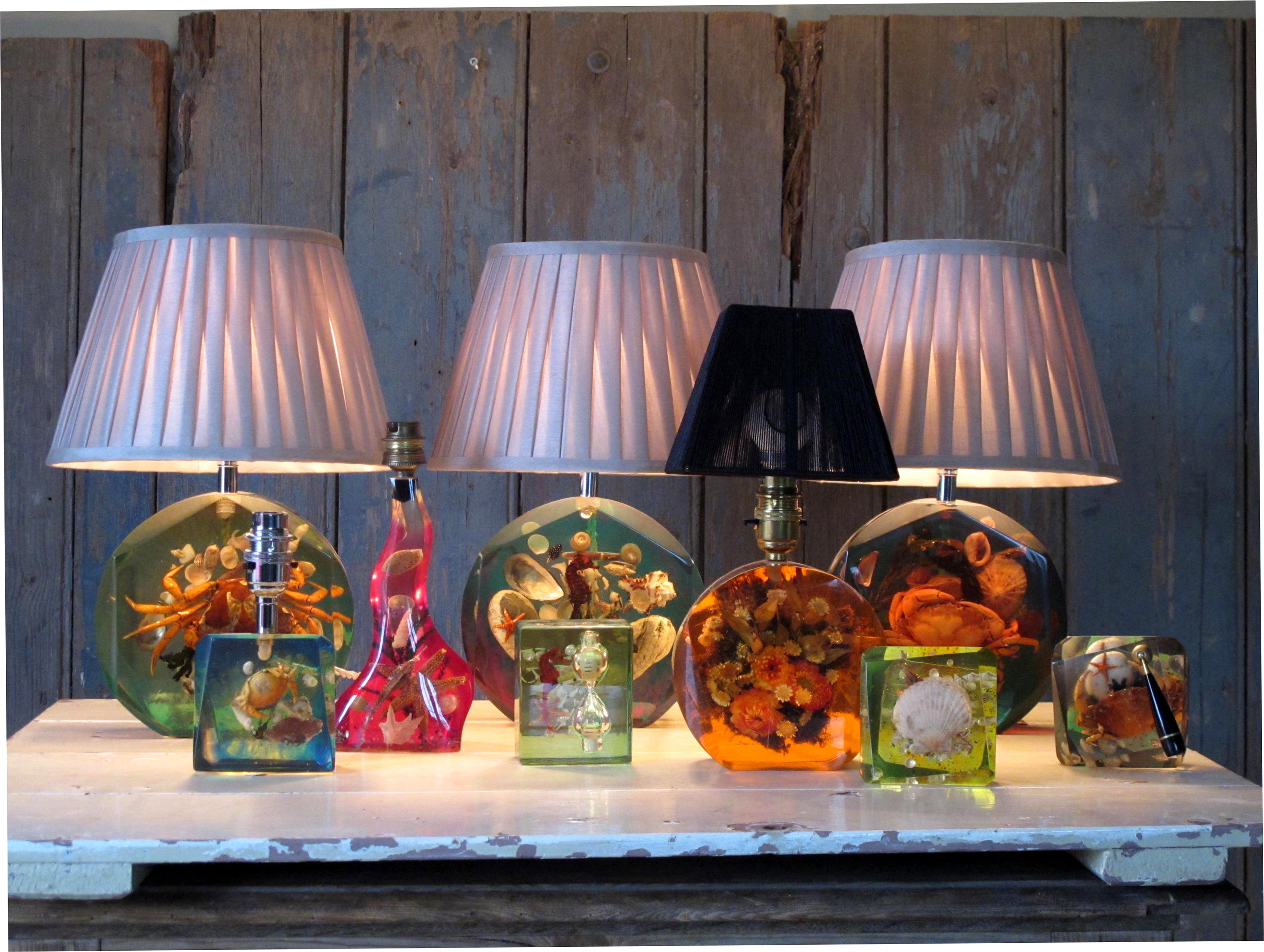 Retro resin lamps at Ropewalk some with crab, limpet shell, seaweed and coral.