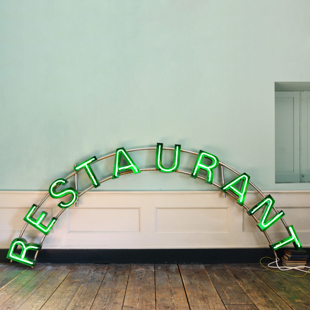 A chrome and neon 'Restaurant' sign,-87399