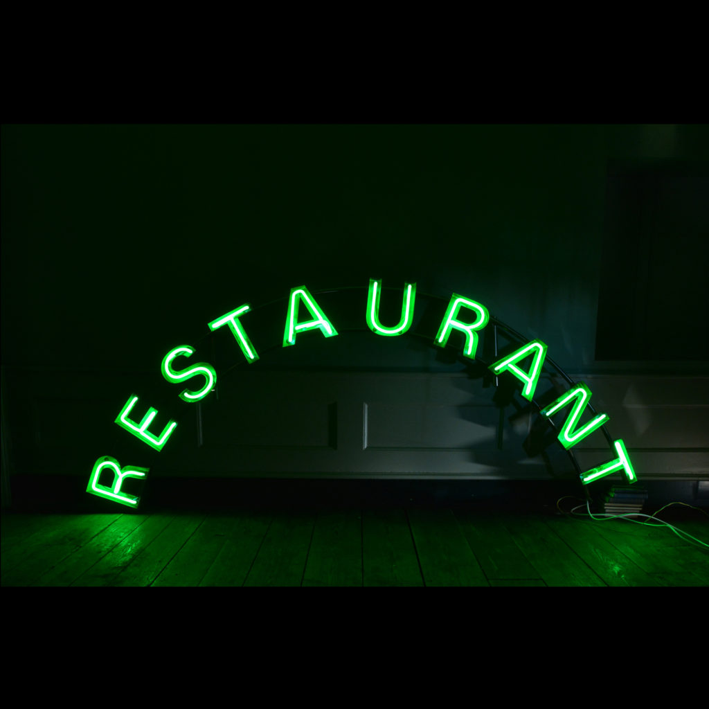 A chrome and neon 'Restaurant' sign,-0