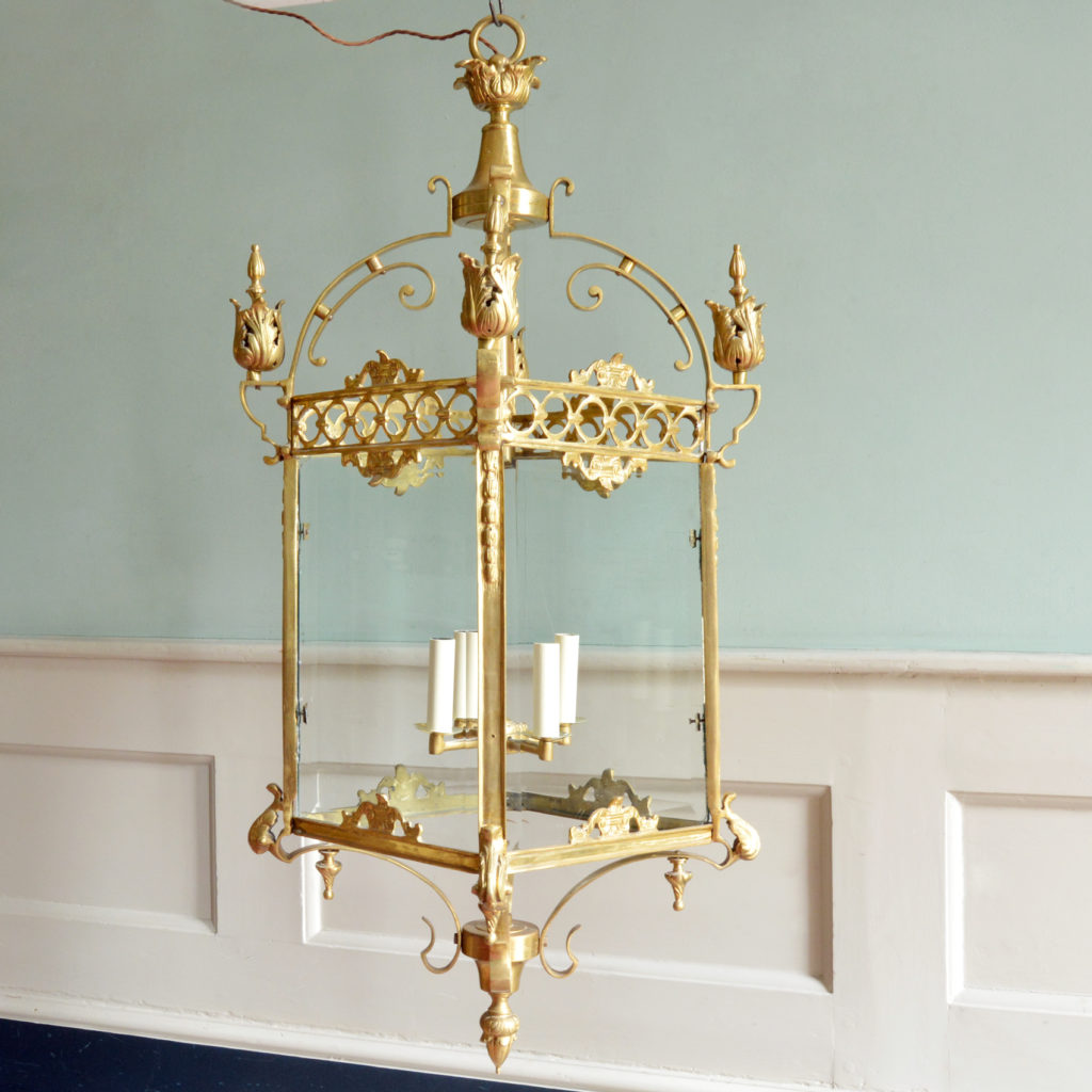 A large decorative brass and bevelled glass hall lantern,-89825