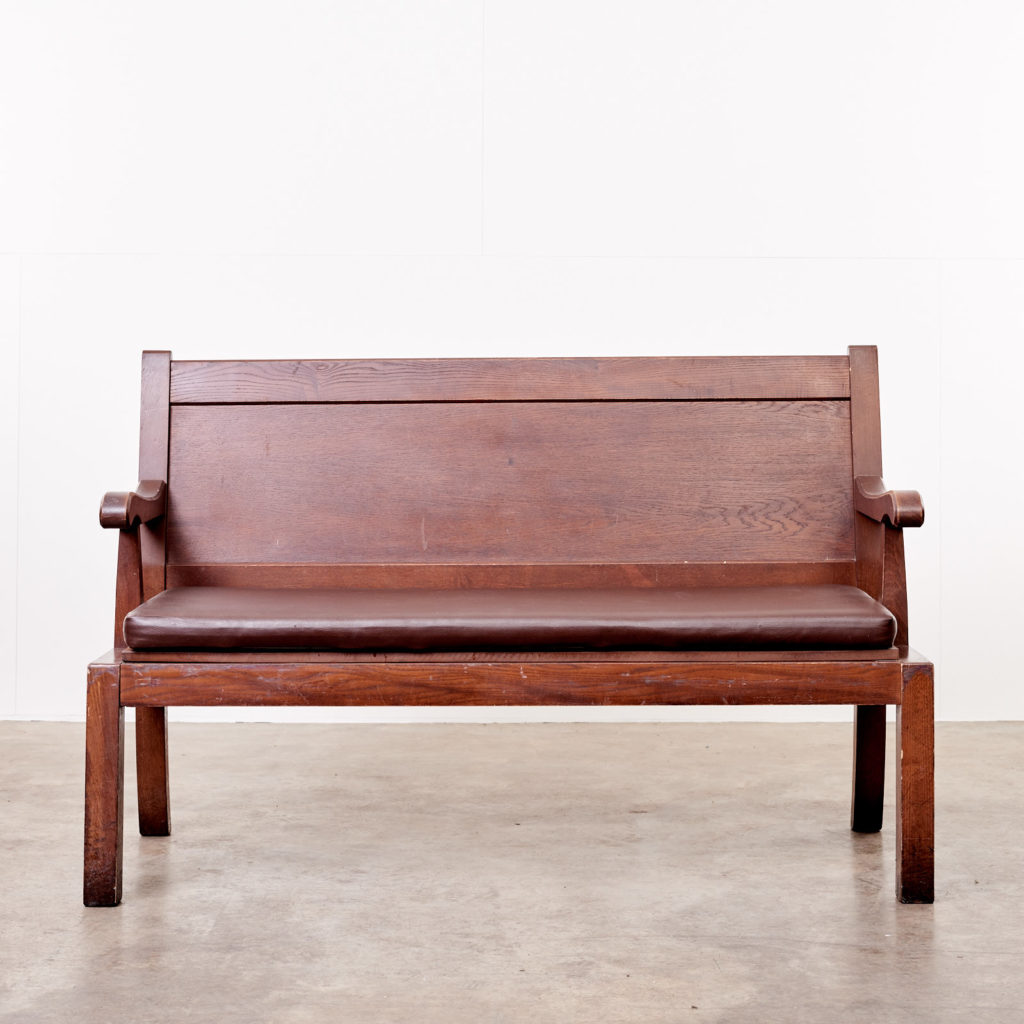 Oak bench with leather seat,-101128