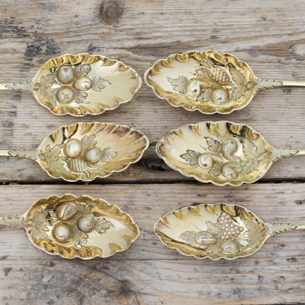Set of six silver gilt fruit spoons,-106132