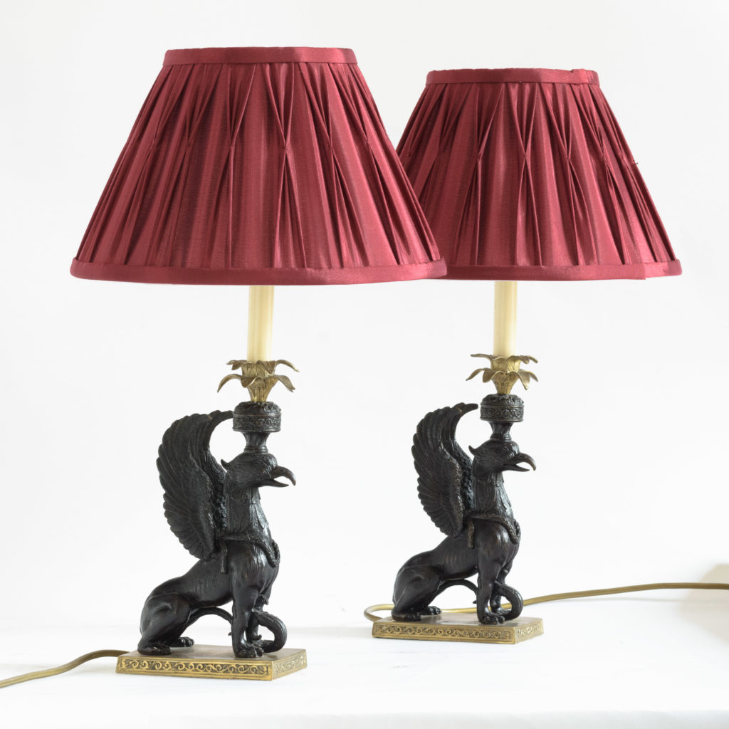 A pair of winged griffin bronze and brass table lamps,-106344