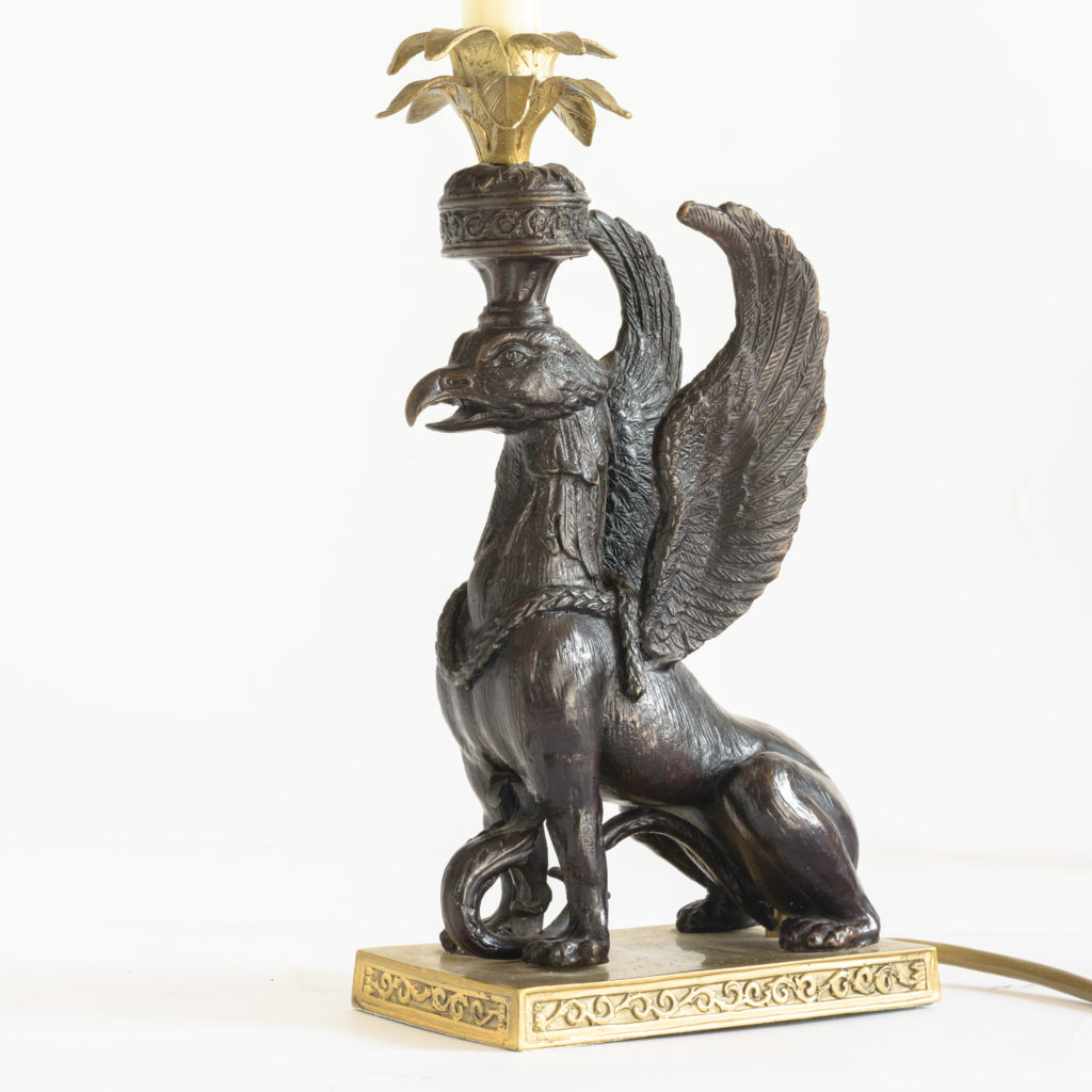 A pair of winged griffin bronze and brass table lamps,-106343