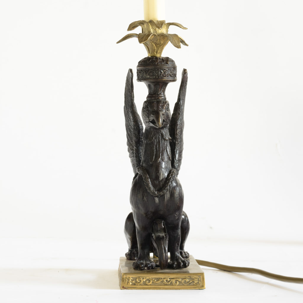 A pair of winged griffin bronze and brass table lamps,-106350