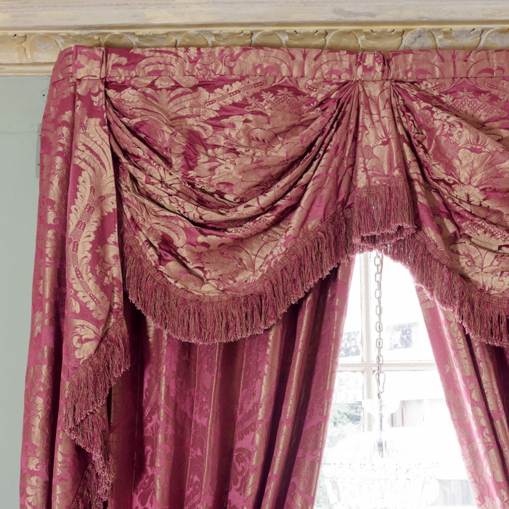 Red floral patterned silk damask curtains,-107101