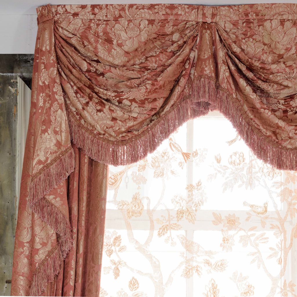 Coral floral patterned silk damask curtains,-107116