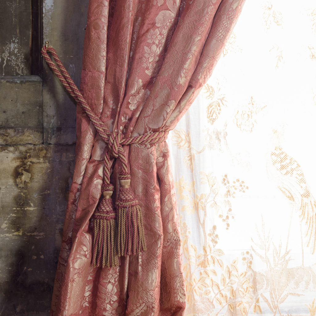 Coral floral patterned silk damask curtains,-107123