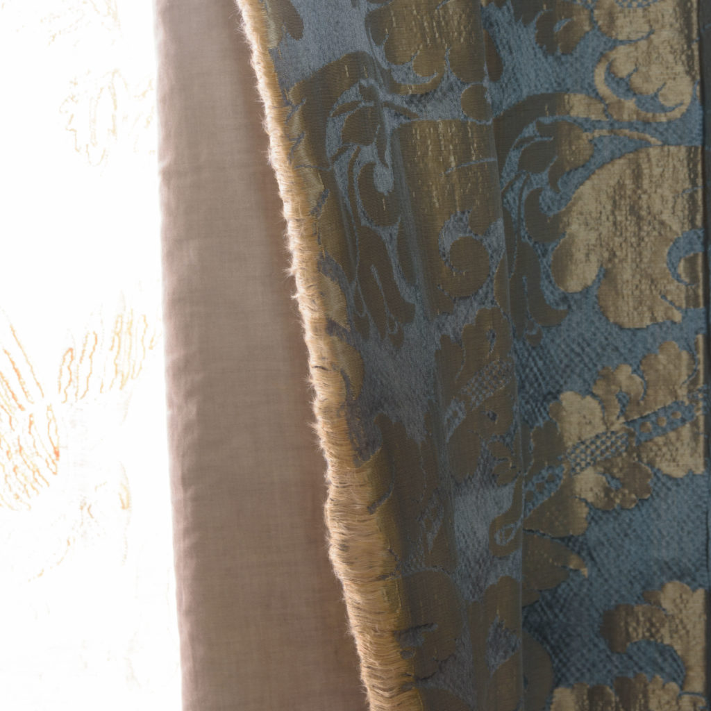 Silver teal leaf patterned silk damask curtains,-107126