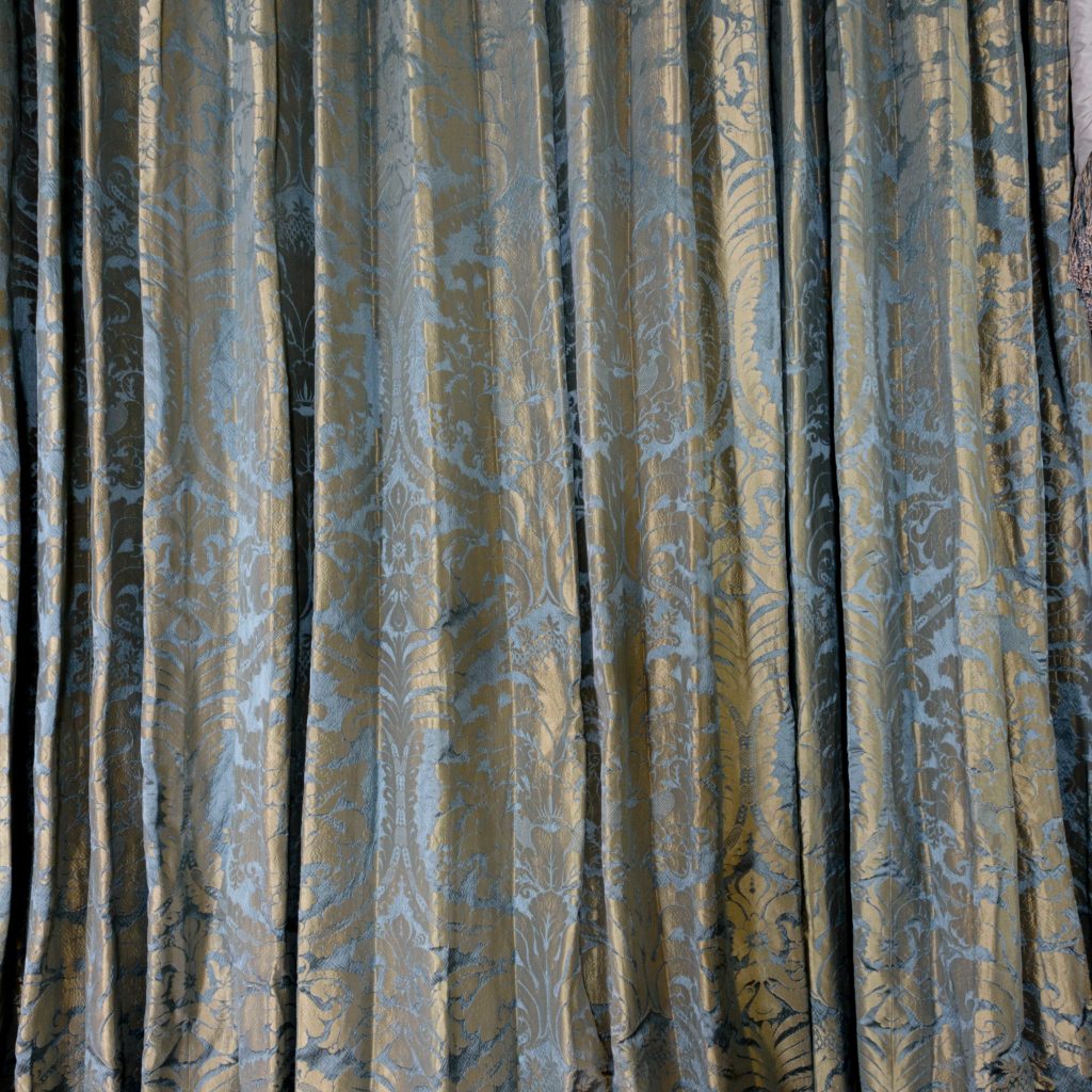 Silver teal leaf patterned silk damask curtains,-107133