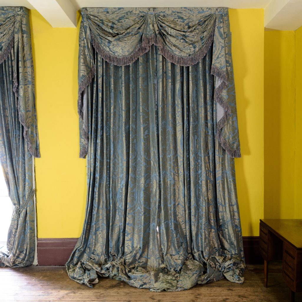 Silver teal leaf patterned silk damask curtains,-107134