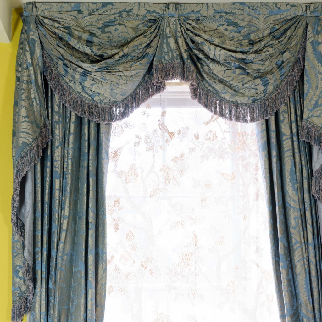 Silver teal leaf patterned silk damask curtains,-107131