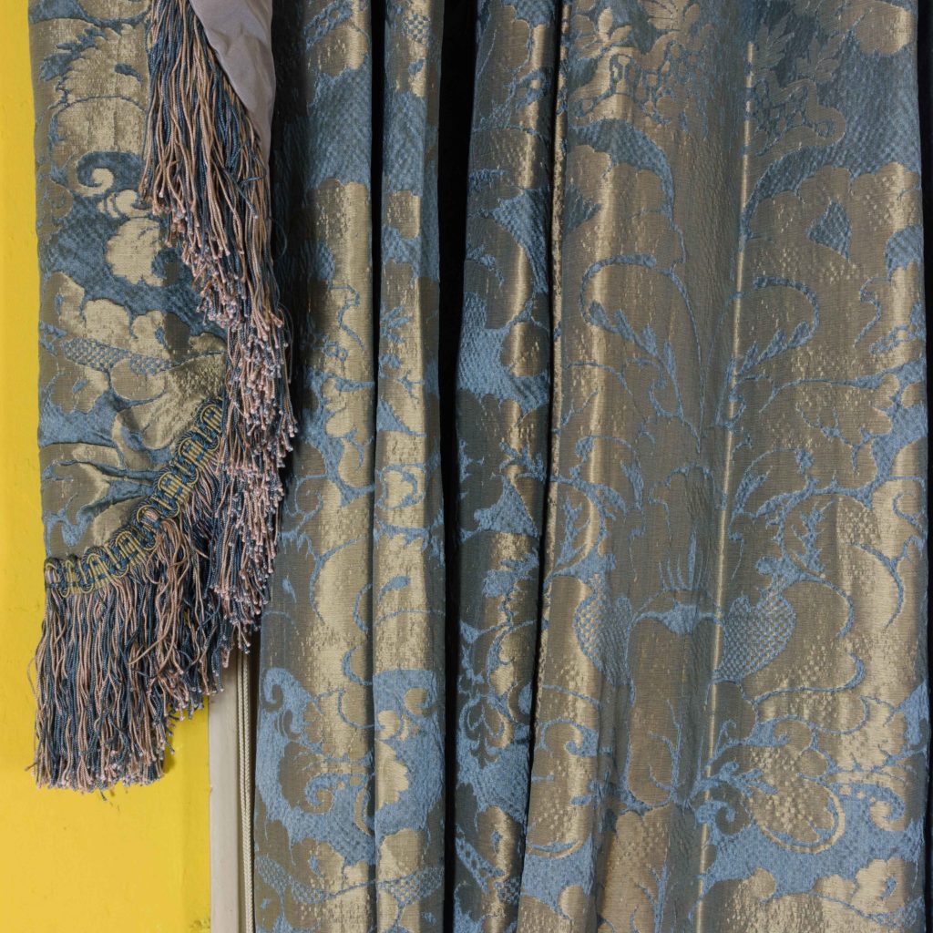 Silver teal leaf patterned silk damask curtains,-107130