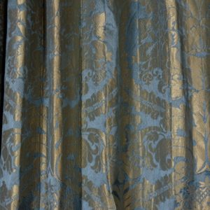 Silver teal leaf patterned silk damask curtains,-0