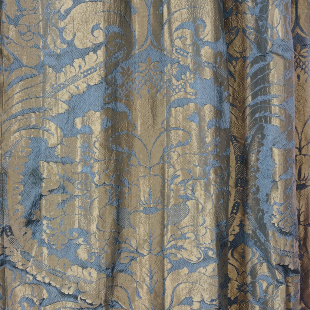 Silver teal leaf patterned silk damask curtains,-107128