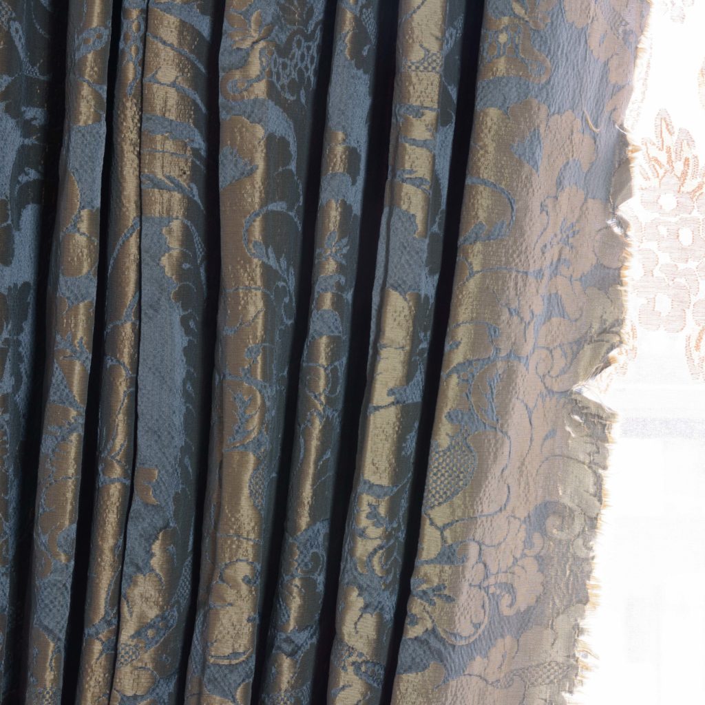 Silver teal leaf patterned silk damask curtains,-107132