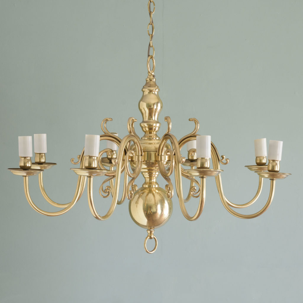 Eight branch Dutch style brass chandelier,-0