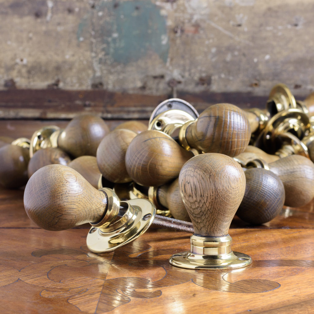 Turned oak and brass door handles,-0