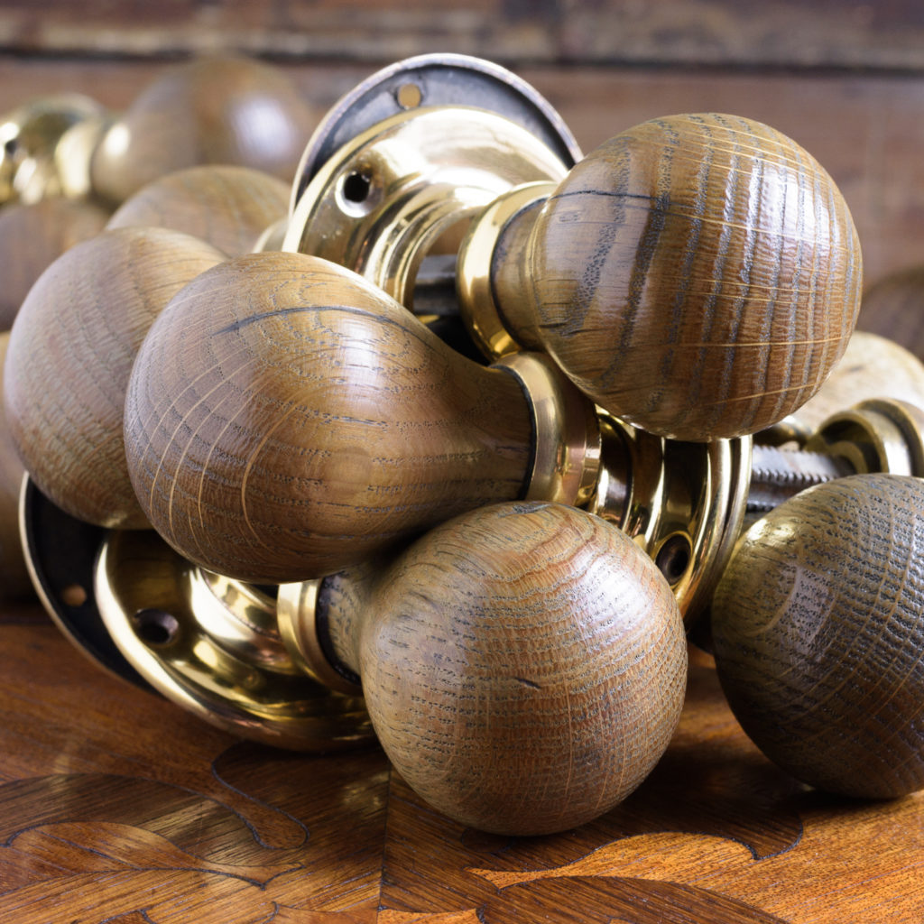 Turned oak and brass door handles,-112420