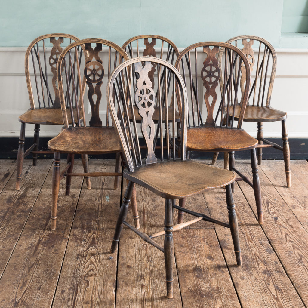 Matched set of six wheel back Windsor chairs,-0