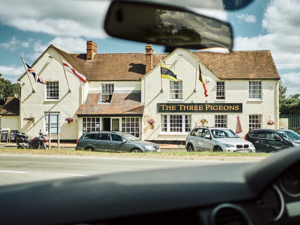 View of the Three Pigeons Inn from the M40