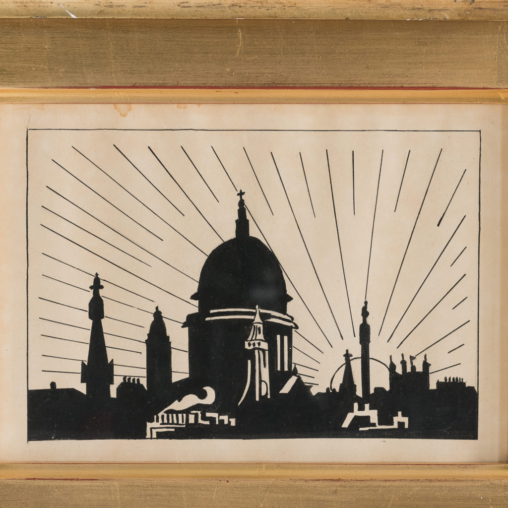 1920s pen and ink drawing of the London skyline,-116322