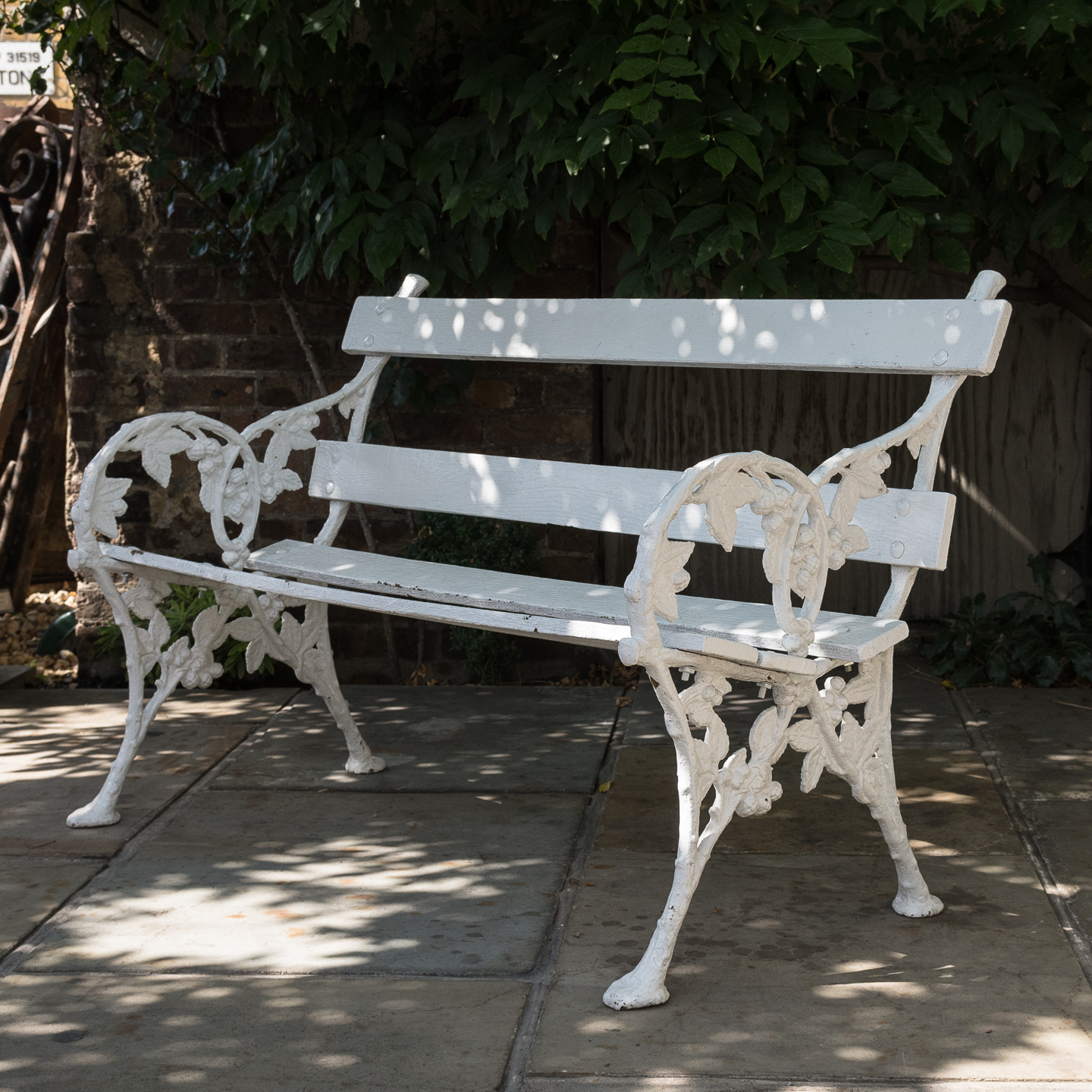White Painted Cast Iron Garden Bench, Wrought Iron And Wooden Garden Bench