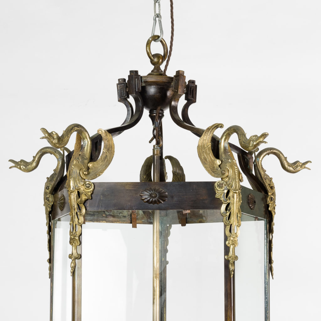 Late nineteenth century French Empire style hall lantern of pentagonal form with gilt swan mounts