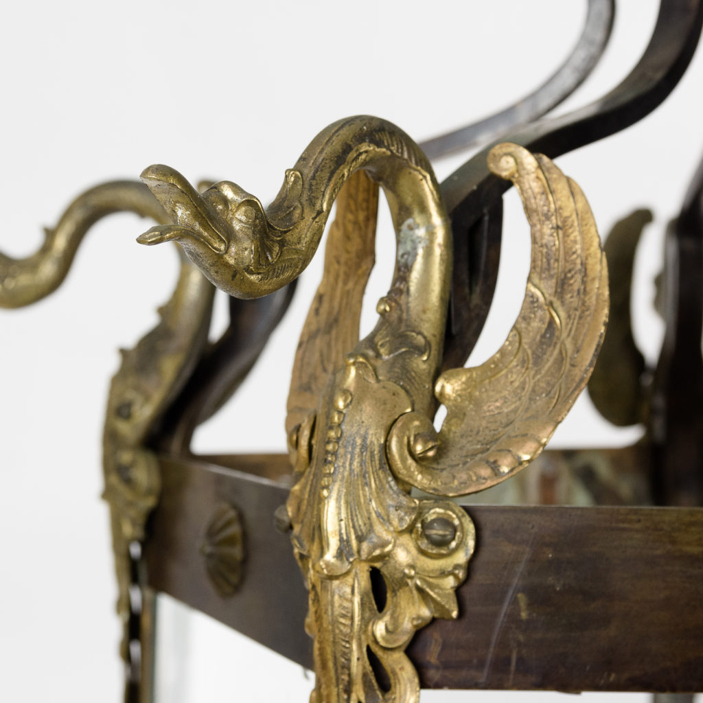 Late nineteenth century French Empire style hall lantern of pentagonal form with gilt swan mounts