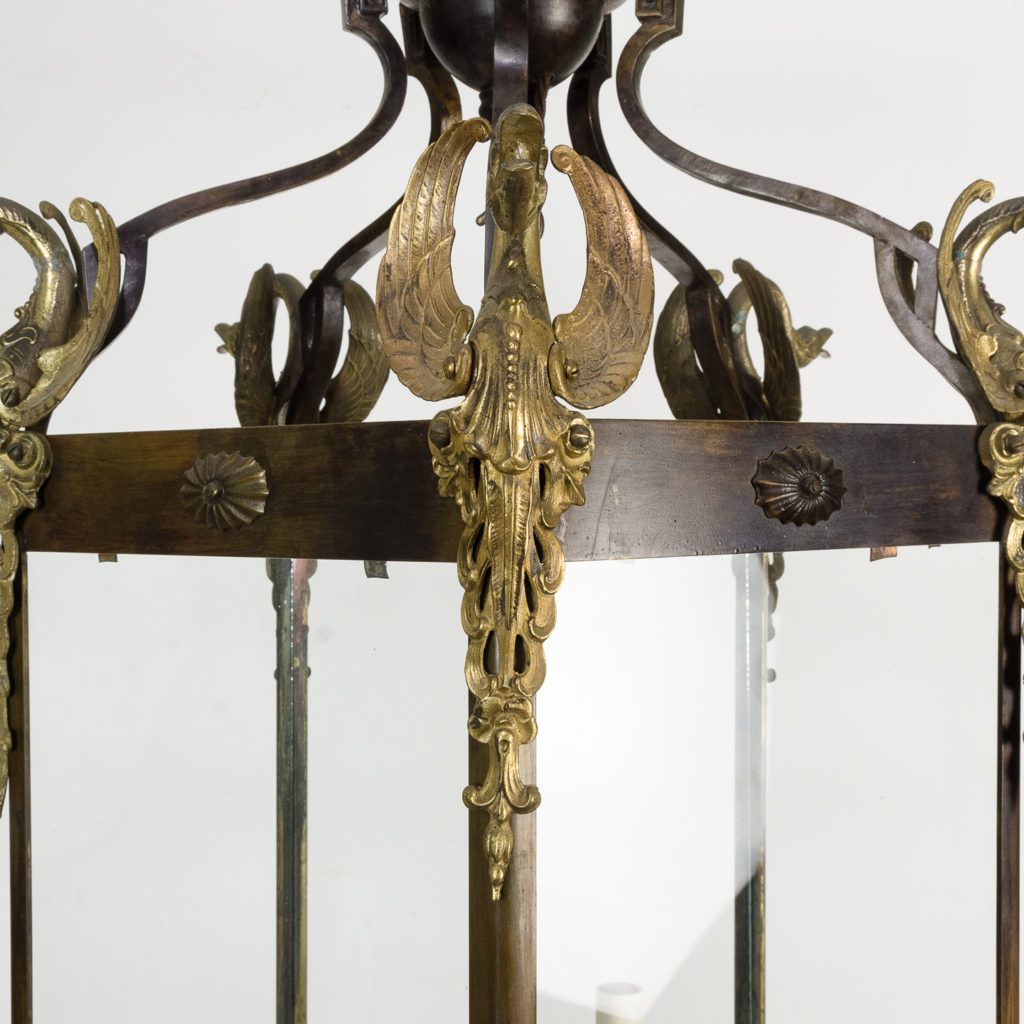 Late nineteenth century French Empire style hall lantern of pentagonal form with gilt swan mounts