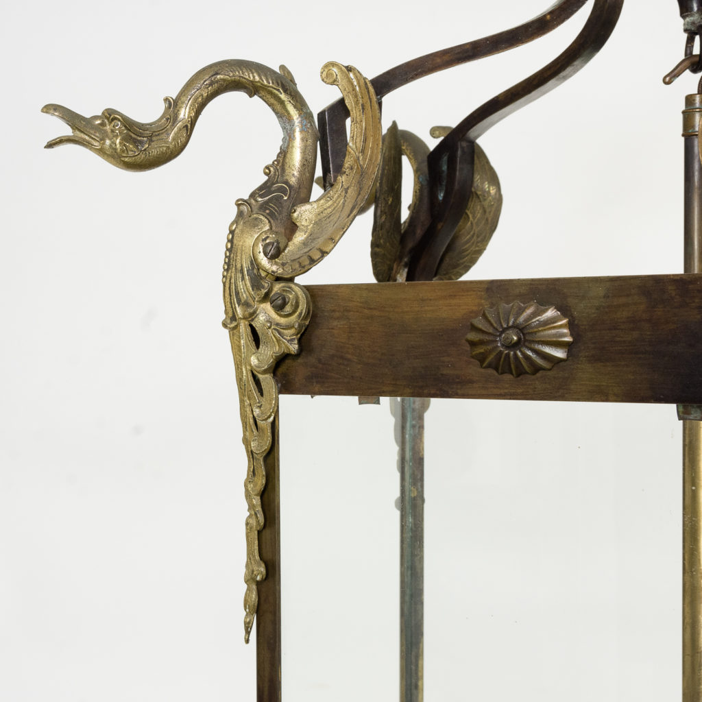 Late nineteenth century French Empire style hall lantern of pentagonal form with gilt swan mounts