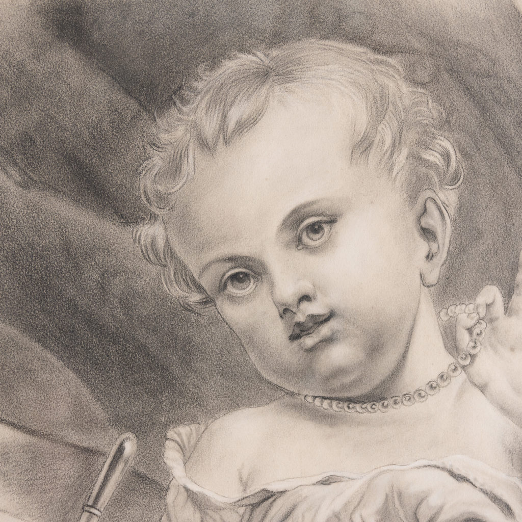 Victorian pencil drawing of a child with a pacifier,