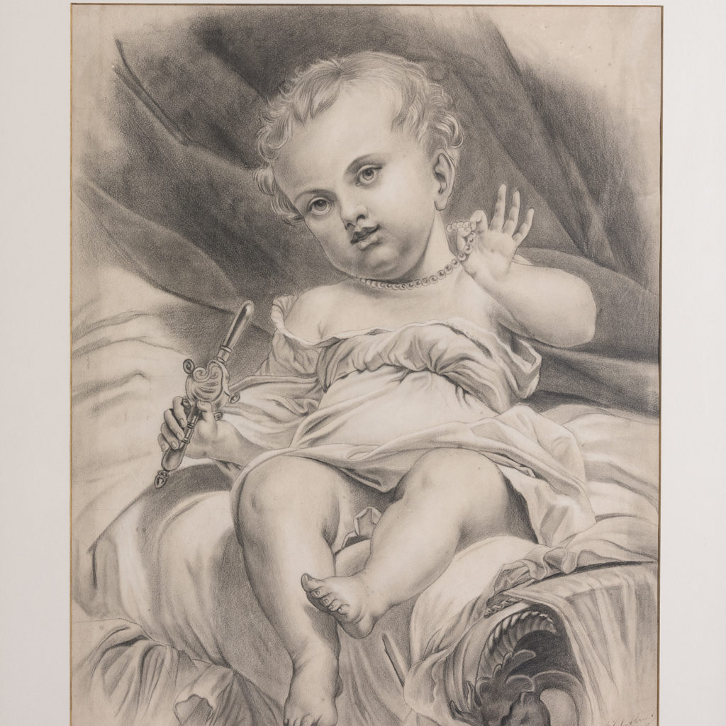 Victorian pencil drawing of a child with a pacifier,