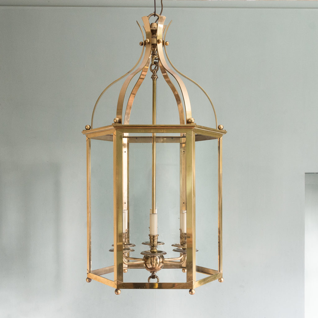 Substantial brass hexagonal hall lantern,