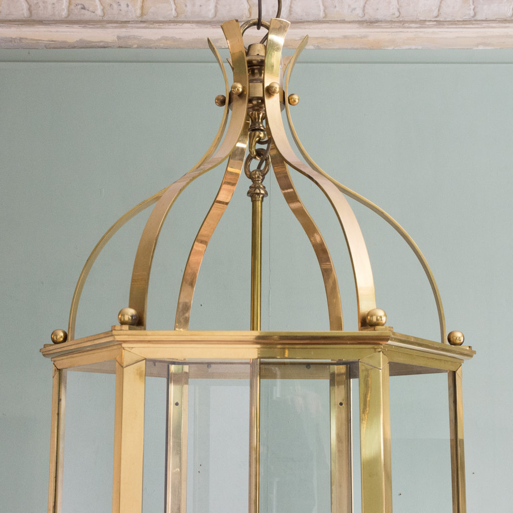 Substantial brass hexagonal hall lantern,