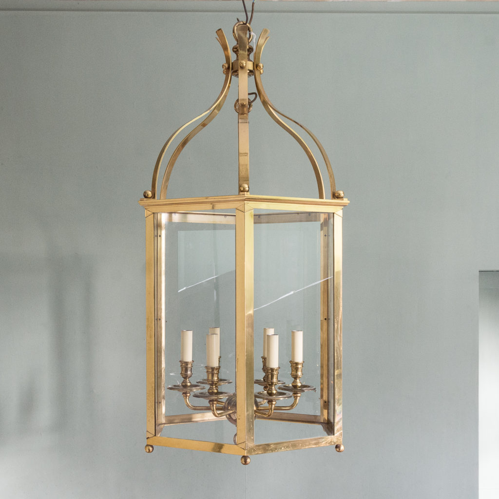 Substantial brass hexagonal hall lantern,