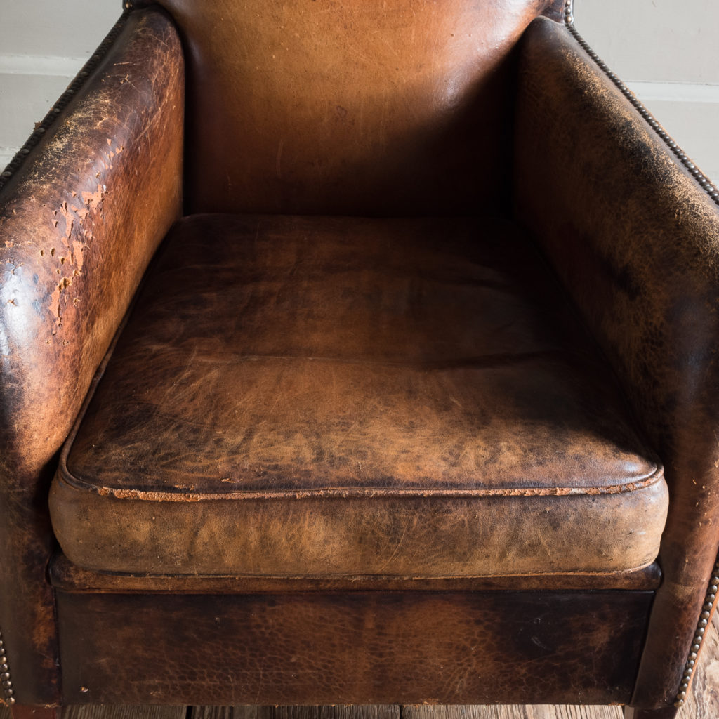 Leather and beech club chair,-123445