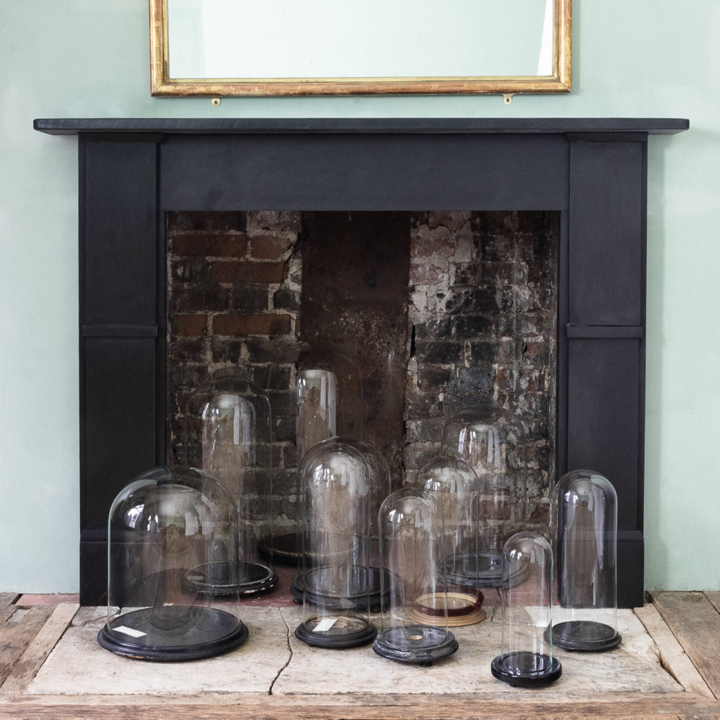 Glass display domes and a Victorian slate chimneypiece