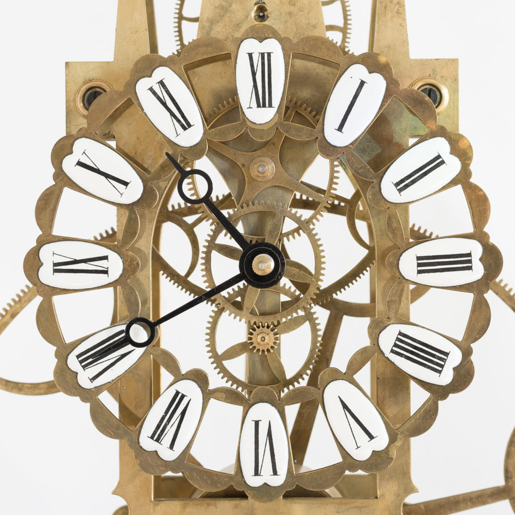 Fusee skeleton clock with enamelled Roman numerals