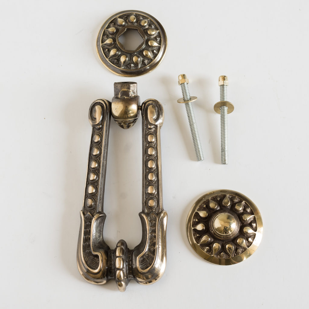Nineteenth century style brass door knocker with striking plate and fixing bolts
