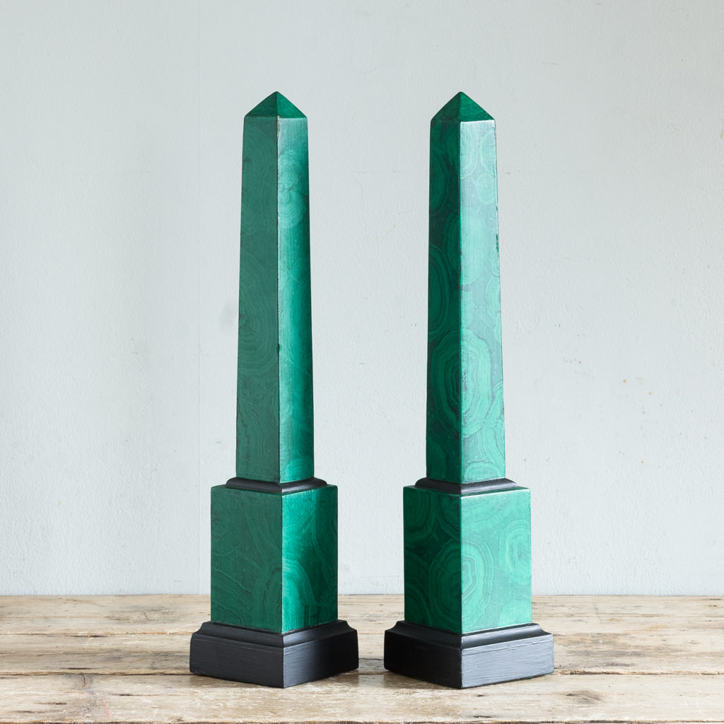 Pair of 1970s faux Malachite obelisks,