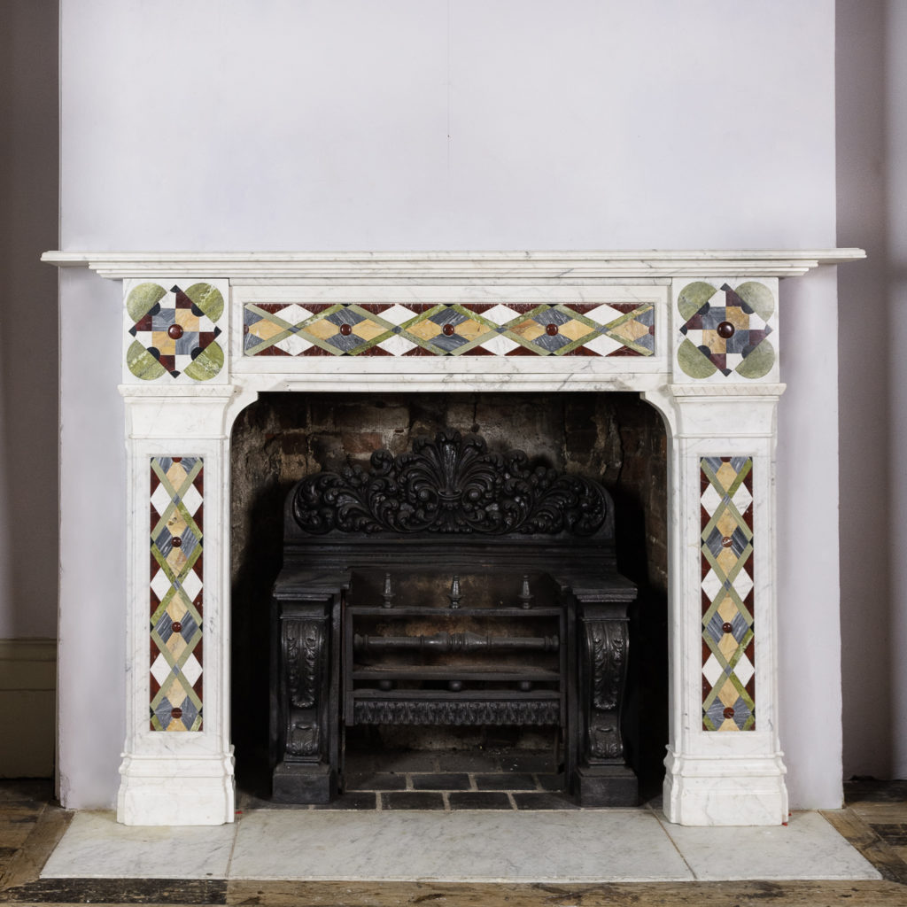 Victorian Arts & Crafts Carrara marble inlaid chimneypiece
