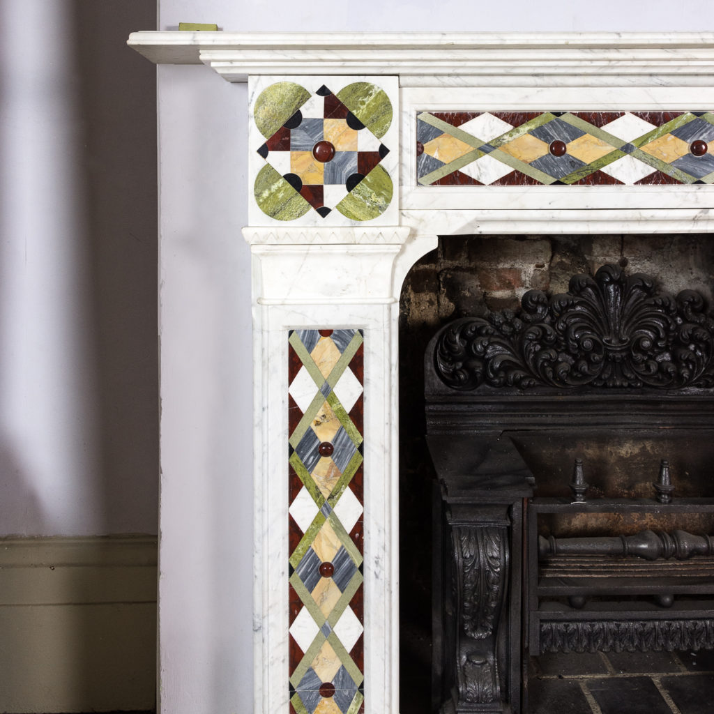 Victorian Arts and Crafts Carrara marble inlaid chimneypiece,-128815