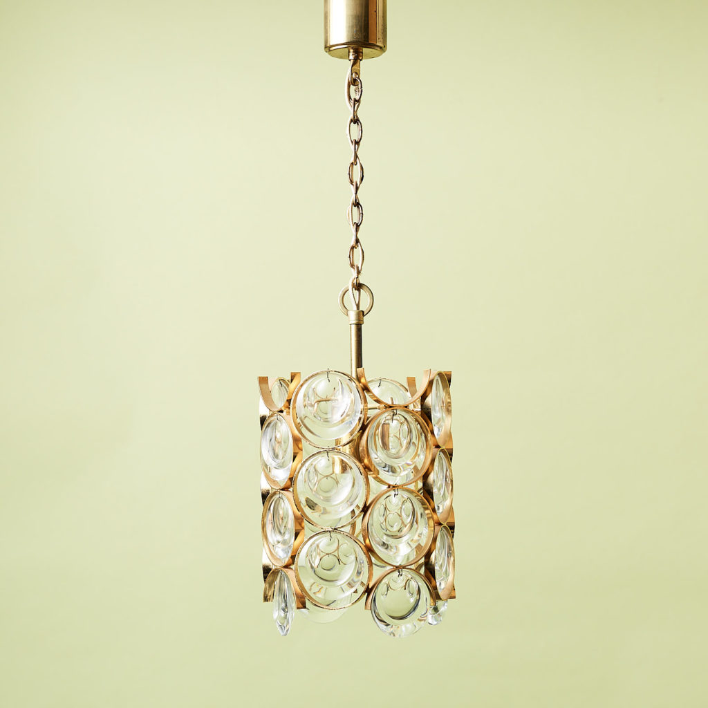 Small gold plated brass framed glass chandelier, -0